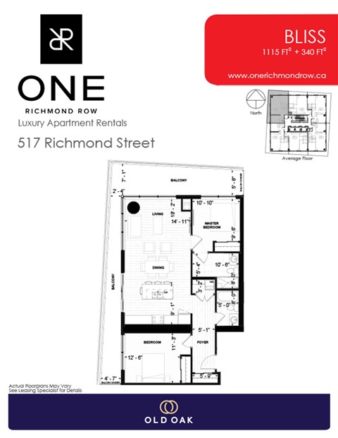 Floor plan for 2 beds, 2 baths, 1115 sqft